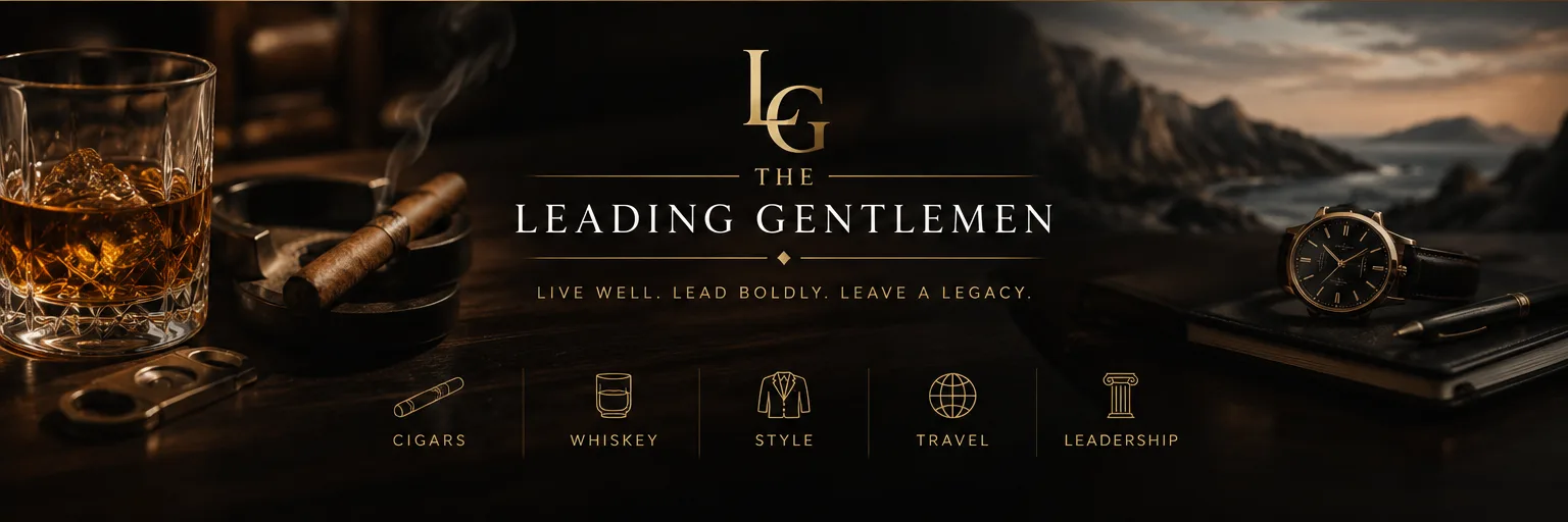 The Leading Gentlemen — whiskey and cigar table setting, and a watch resting on a journal against a mountain coastline